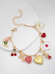 1pc Cherry & Strawberry Heart Enamel Bracelet, Rose Flower Charm, Cross Bow Peach A Pendant, Tulip Moon Versatile Multi-Element Chain Bracelet For Women - one-size - View 2