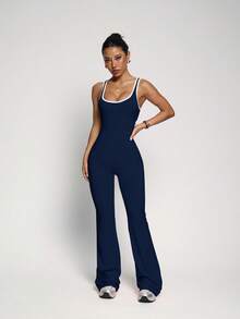 Midriff Cutout Design, Flare Leg Silhouette To Elongate Legs, #Sexy Activewear #Confident & Playful #Camera-Ready, Backless Jumpsuit, Cinched Waist Flare Leggings, Butt-Lifting Activewear, Waist-Cinched Booty-Lifting Yoga Set - Navy Blue - View 10