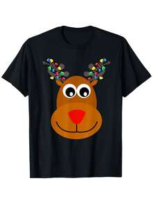 Camiseta de Navidad de Reno y Rudolph de Nariz Roja para Niños y Niñas - 100% Tela Suave y Transpirable, Lavable a Máquina, Lindo Rudolph con Luces Parpadeantes, Astas y Estampado de Nariz Roja - Conjunto Casual Unisex de Cuello Redondo para Fiestas, Comodidad para Todas las Estaciones, Regalo de Navidad Ideal para y - Diseño Festivo de Santa Claus con Cara de Reno Juguetona, Nariz y Astas Rojas Vibrantes, Perfecto para Celebraciones de Navidad, Ropa de Niño, Camiseta Gráfica para Niño, Ropa de Adolescente, Ropa de Niño Antigua, Regreso a Clases, Camisa para Niño - Negro - Ver 10