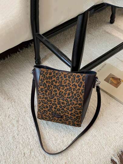 حقيبة دلو جديدة للخريف/الشتاء بطبعة الفهد متعددة الألوان، حقيبة كتف فريدة بتصميم بسيط للنساء