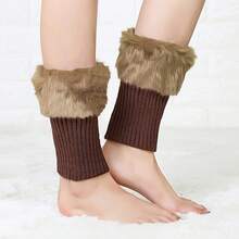 Artificial Fur Boots, Leg Warmers, Short Fur Boots, Knitted Fur Boots, Girls' Winter Artificial Fur Trim Boots, Leg Warmers, Socks - Coffee Brown - View 1