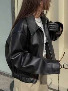 1pc Women's Solid Color Fashionable Loose Matte Leather Jacket Coat, Autumn/Winter
