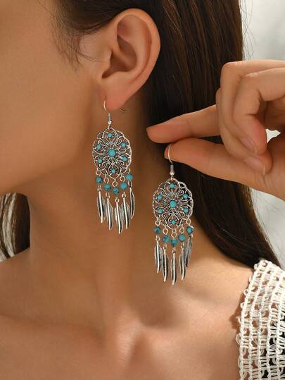1 par de pendientes colgantes de estilo bohemio con borlas, plumas y hojas de turquesa, pendientes largos y exagerados, adecuados para uso diario, regalo para amigos en el Día de San Valentín o cumpleaños
