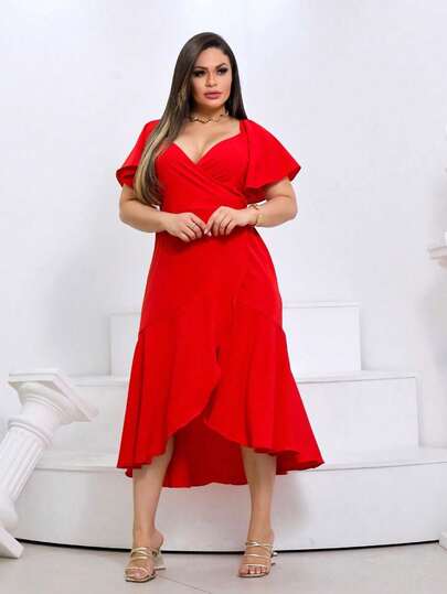 Vestido Midi Elegante Feminino  Decote V Moderno Leve Romântico