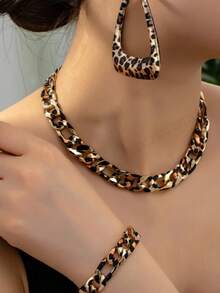 1 Set Fashion Leopard Print Earrings, Bracelet, Necklace Jewelry Set For Women, Suitable For Party, Daily Wear, Wedding, Valentine's Day, Mother's Day