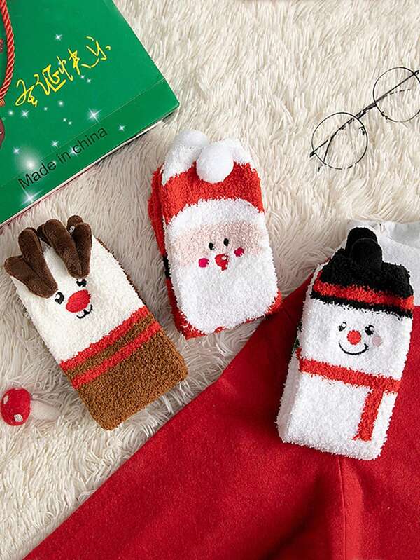 1 par de calcetines de mujer esponjosos, con patrones de Papá Noel, renos y muñecos de nieve, calcetines hasta el tobillo gruesos y cómodos, regalos de fiesta de Navidad para mujeres