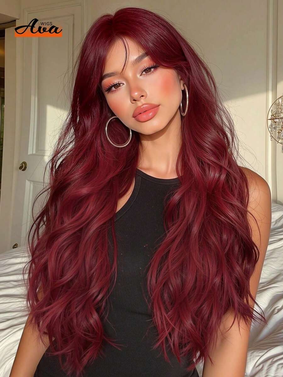 28 Inch Red Color Long Curly Wavy Wig With Curtain Bangs Synthetic Heat Resistant Wig With Bangs Women Wigs For Daily Wear Costume Wigs Cosplay Party Gifts Christmas Winter Fashion Wigs - 中紫紅色 - 查看 1