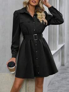 VESTIDO LISO PARA MUJER, VESTIDO MANGA LARGA CON CINTURÓN, VESTIDO CUELLO CAMISERO, VESTIDO CON BOTONES DELANTEROS - Negro - Ver 1