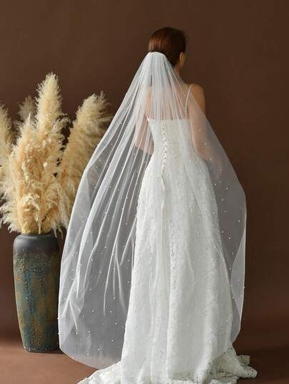 1pc Faux Pearl & Rhinestone Bridal Veil, Suitable For Wedding, Wedding Photography Accessories, Party, Proposal Hair Comb