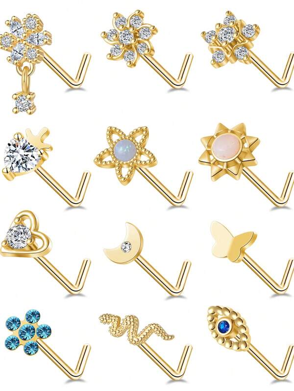 12 PCS Nose Rings Stud L Shape Nose Rings Cubic Zirconia Butterfly Flower Eye Moon Crown Heart Lightning Shape Nose Studs Piercing Jewelry For Women Men 20G Silver Tone