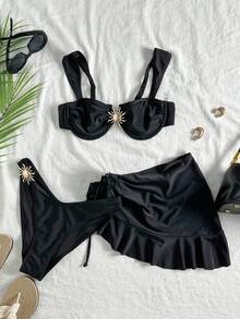 Conjunto de bikini de 3 piezas de unicolor, diseño de tirantes anchos con aros para un soporte cómodo, creando un estilo de playa de moda, perfecto para la playa y fiestas en la piscina en verano