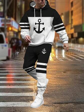 男士3D休闲连帽卫衣套装，两件套，斜纹船锚印花图案连帽卫衣和裤子，可机洗，适合日常休闲、运动和街头穿着。