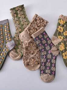 5 双女式中筒袜，北欧条纹纹理图案袜子，复古可爱甜美袜子，趣味袜子 - 彩色 - 查看 4