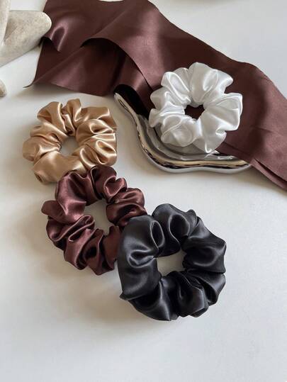 4pcs/1pc Women Solid Satin Classic 12cm/4.72in Large Scrunchie Hair Accessories, Fashion Versatile High-End Elegant Minimalist Hair Ties, Suitable For Daily Casual, Party, Commute, Vacation, Ponytail, Bun, Face Washing, Makeup, Outfit Matching