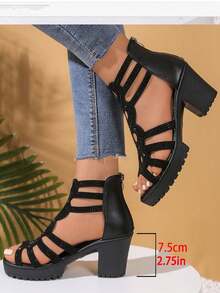 Damen Schwarze High Heel Sandalen, modische Cut Out-Strass Plateau Absatz High Heel Stiefel, neue vielseitige Sommer Plateau Wasserdicht Rund Zeh Reißverschluss High Heel Kleiderschuhe mit dickem Absatz - Schwarz - Übersicht 6