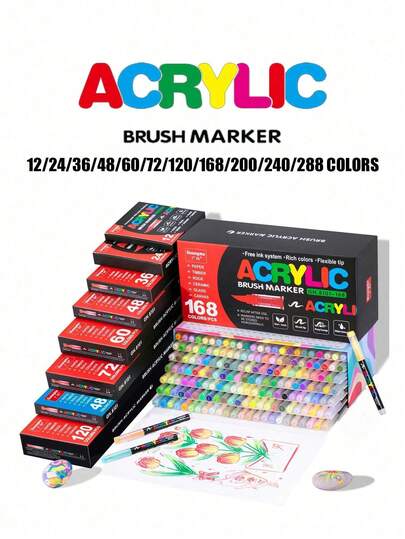 GuangNa 288/240/168/120/72/60/36/24/12 Color Direct Liquid Acrylic Marker Pens, Students Use Art Professional Drawing Drawing Color Soft-Head Marker Paper-Tight Stackable Diy Graffiti Coloring Book Coloring Pen Can Draw Glass Stone Waterproof Body Painting Brush Christmas Gift