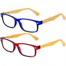 Lens Rectangle Frame Non Prescription Glasses - Fashion - 2 件裝竹子藍紅 - 查看 2