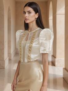 Amyenjoylife Modern Filipiniana 1PC 女式半透明编织腰带拼接上衣优雅泡泡袖短款上衣春夏女式波莱罗菲律宾风 - 香檳色 - 查看 1