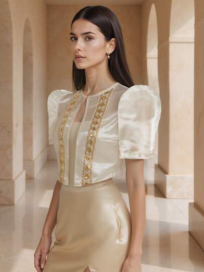 Amyenjoylife Modern Filipiniana 1PC 女式半透明编织腰带拼接上衣优雅泡泡袖短款上衣春夏女式波莱罗菲律宾风