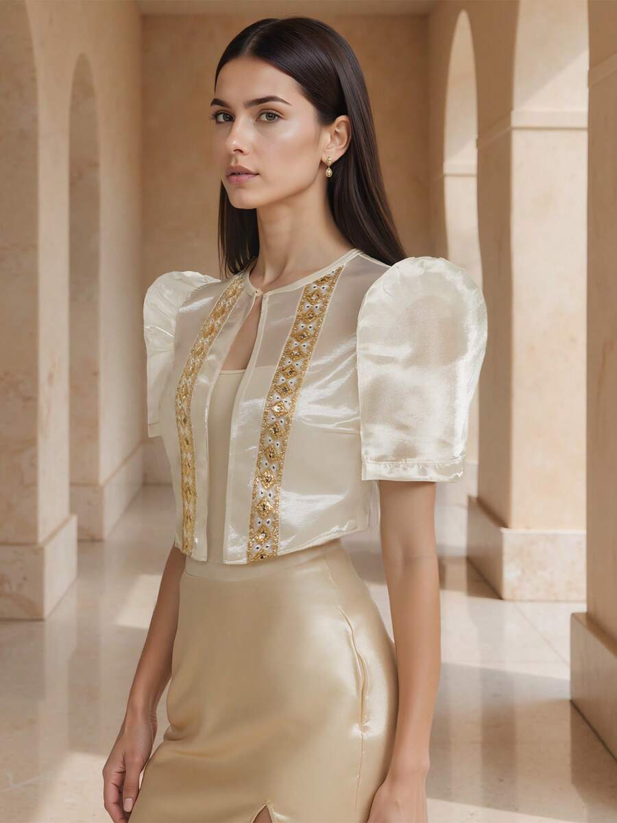 Amyenjoylife Modern Filipiniana 1PC 女式半透明编织腰带拼接上衣优雅泡泡袖短款上衣春夏女式波莱罗菲律宾风 - 香檳色 - 查看 1