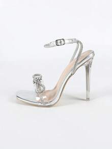 女士新款时尚优雅性感银色闪亮水钻蝴蝶结装饰露趾踝带超高跟凉鞋，夏季迷人细高跟鞋，适合派对、婚礼、约会、T台走秀、户外活动，4.4英寸 - 銀色 - 查看 6