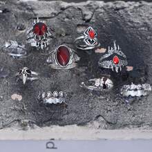 9 قطع مجموعة خواتم قابلة للتكديس بتصميم فضي عتيق، وردة سوداء جوتية، خفاش، قلب، طراز فامبير (للنساء)