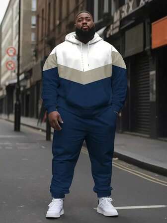 3D Digital Print Colorblock Plaid Pattern Men Plus Size Pocket Hoodie & Pants Set, Outdoor Sports Casual Hooded Sweatshirt & Trousers 2 Pieces Suit For Autumn/Winter