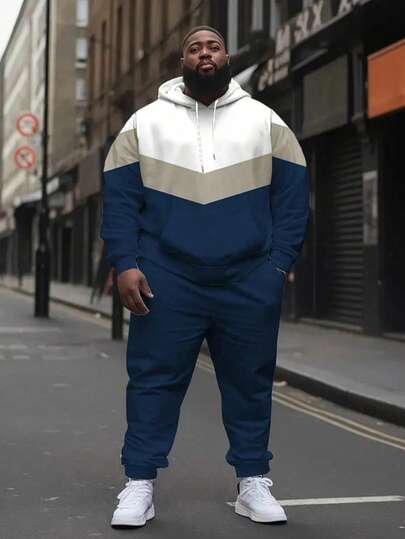 3D Digital Print Colorblock Plaid Pattern Men Plus Size Pocket Hoodie & Pants Set, Outdoor Sports Casual Hooded Sweatshirt & Trousers 2 Pieces Suit For Autumn/Winter