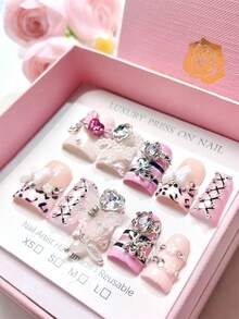 nailrosy 10Pcs Handmade Press On Nails Short Duck Nail Pink Y2K Nails Wedding Christmas Press On Acrylic Nails Poly Gel Nail Kit Fake Nails Wedding Birthday Party Emo Goth Acrylic Nails Supplies Cute Crystal DIY Rhinestone Decor Luxury - Pink - View 3