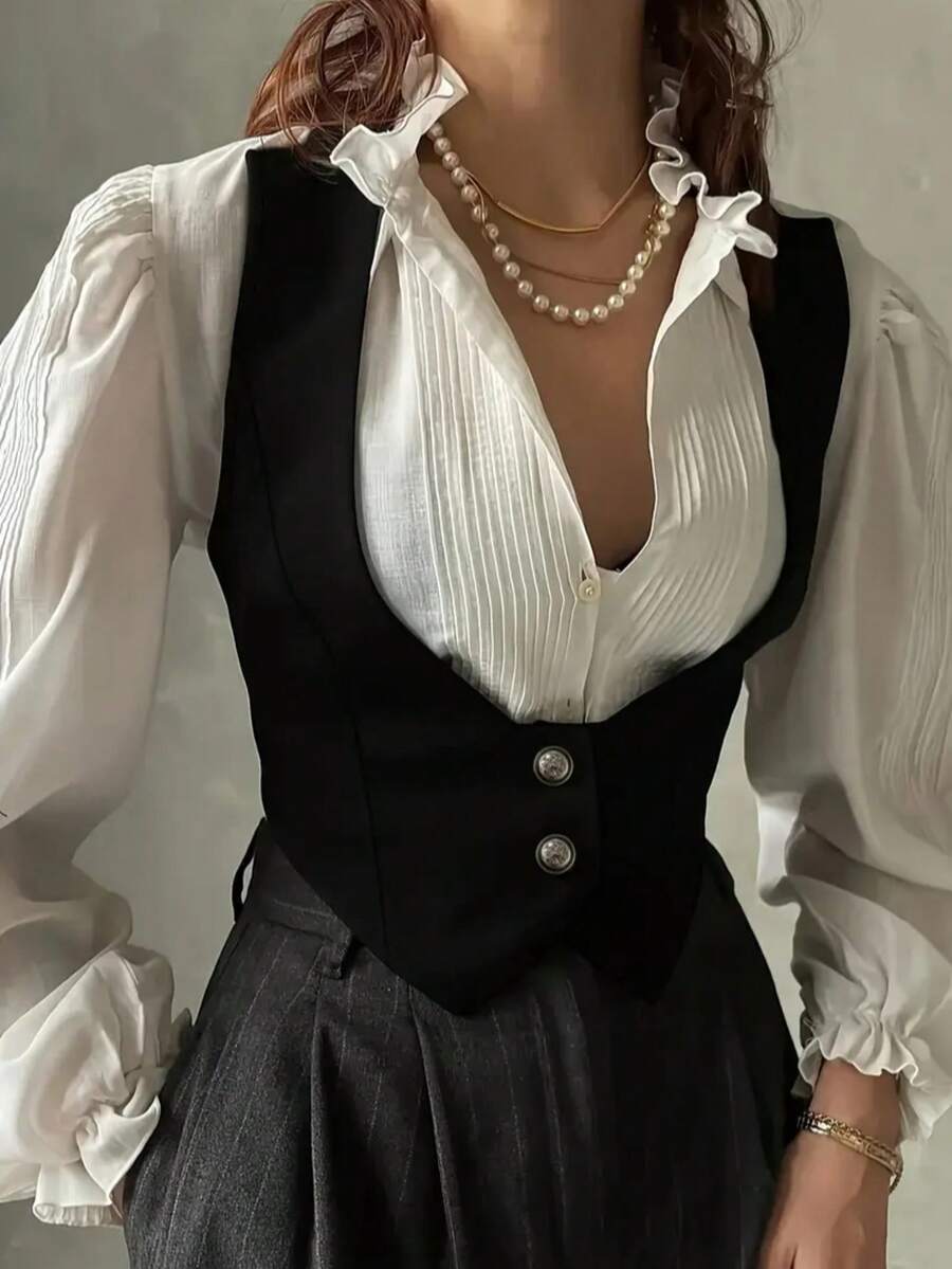 女士优雅黑色V领珍珠装饰上衣 - 休闲涤纶无袖外套，适合所有季节夏季穿着 - 黑色 - 查看 1