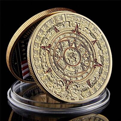 1 pieza Moneda coleccionable de oro con diseño del Calendario Maya de México, cultura y profecía, de 1.57"*0.12", monedas de recuerdo con cáscara acrílica, monedas de juego, monedas de club, monedas de papel de juego