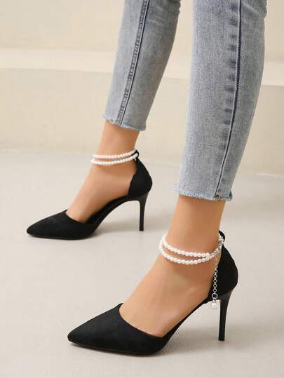 Women's Pearl Ankle Strap Pointed Toe Stiletto High Heel Shoes, Elegant For Wedding Party Hollow Out Pumps, Fashionable Velvet Pearl Embellished High Heel Sandals