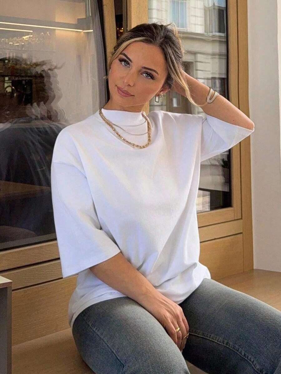 Valentine's DayJeta Ari Loose Casual Plain Minimalist Short Sleeve T-Shirt For Women Old Money Style Business Casual Women Oversized T-ShirtLoose And Comfortablesummer Tops White Top - 白色 - 查看 1