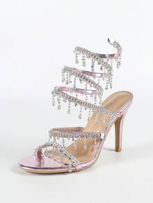女士细高跟凉鞋，圆头时尚绑带，饰以水钻蛇形缠绕设计，简约百搭，适合夏秋穿着。 - 淺粉色 - 查看 16