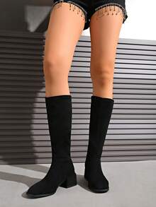 女士圆头黑色棕色纯色麂皮过膝长靴，2025秋冬必备新品，弹性贴合高筒靴，柔软舒适内衬