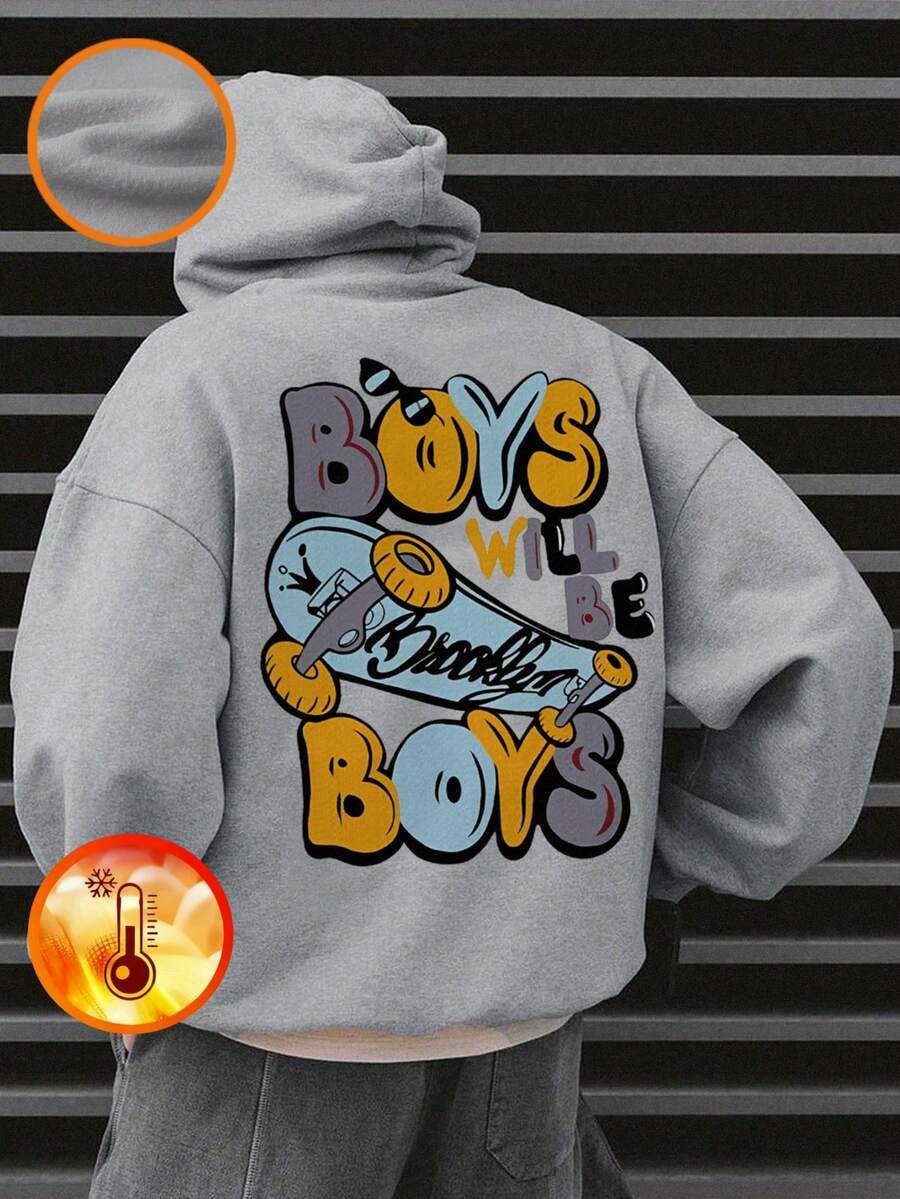 1pc Boys' Casual Printed Pullover Hoodie Sweatshirt, Warm Thermal Lined, Colorful And Imaginative Design, Autumn/Winter