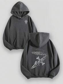 EWH Aged Washed Cotton Crew Neck 270g Double-Sided Printing Front Gothic Symbol Logo & Back Dagge R Skull Art Graphic Y2k,Soulja,Concert,Halloween,Gothic,Vintage,Streetwear Graphic,009-AB - 灰色 - 查看 1