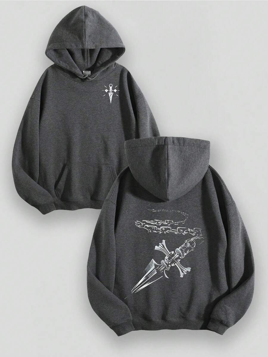 EWH Aged Washed Cotton Crew Neck 270g Double-Sided Printing Front Gothic Symbol Logo & Back Dagge R Skull Art Graphic Y2k,Soulja,Concert,Halloween,Gothic,Vintage,Streetwear Graphic,009-AB - 灰色 - 查看 1