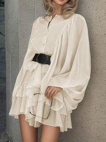 春秋季女装大码连衣裙，纯色荷叶边纽扣短裙，新年女装，情人节女装 - 黃色 - 查看 9