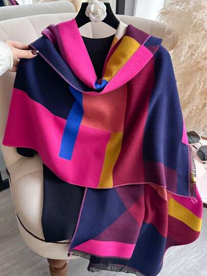 1条简约几何提花仿羊绒保暖围巾，女士适用，秋冬季时尚百搭，可作围脖、披肩或毯子，适合日常搭配和装饰。