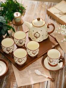 原创赫拉陶瓷兔子茶壶套装，居家客厅下午茶厨具套装，女士下午茶杯碟套装配木托盘，适合招待客人/派对/家庭聚餐，家居装饰返校