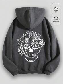 Aged Washed Cotton Crew Neck 270g Men's Hoodie With Soft And Breathable Fabric, Presenting A Floral Skull Pattern With The Text "ONE DAY AT A TIME" Double-Sided PrintingRed Dead Redemption Vintage Wanted Poster & Graphic Y2k,Soulja,Concert,Halloween,Gothic,Vintage,Streetwear Graphic,009-AB - Xám - Xem 2