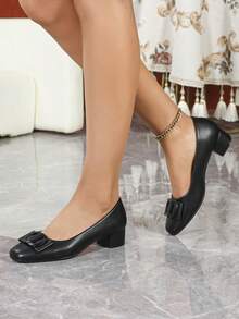 Square Toe Comfortable Chunky Heel Soft Bottom Work Shoes - Black - View 4