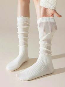 1pair/3pairs Random Lace Trim Calf Socks For Women, Autumn/Winter Japanese Style Mid-Calf Socks, Comfortable & Versatile To Pair With Boots - Multicolor - View 3