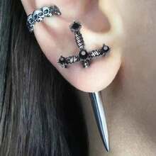 1 Pair Vintage Rhinestone Decor Sword Design Earring Jackets For Women For Gift - 黑色 - 查看 1