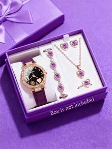 6pcs Girls Elegant, Fashionable, Romantic, Cute And Exquisite Rhinestone Decoration Dial Fireworks Quartz Watch With Rhinestone Decoration Necklace, Bracelet, Earring, Ring Jewelry Set Suitable For Daily Wear Birthday Parties, Holidays, Christmas, Ideal Gifts For Girls Decorations, A Great Choice For Gifts - Multicolor - View 4