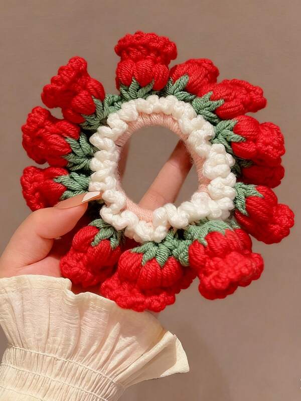 1pc Handmade Crochet Lily Of The Valley Scrunchie, Wool Knitted Hair Tie, Warm Hair Accessory For Women, Ponytail Holder, Elastic Hair Band, Autumn/Winter ,Hair Rope