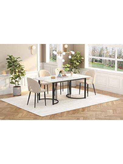 Dining Tafel 140 80 Cm (1 Piece), Moderne Kitchen Table, Metal Frame Rectangular Bloemen Pattern, Adjustable Legs Room Living Room, White/Black view 3
