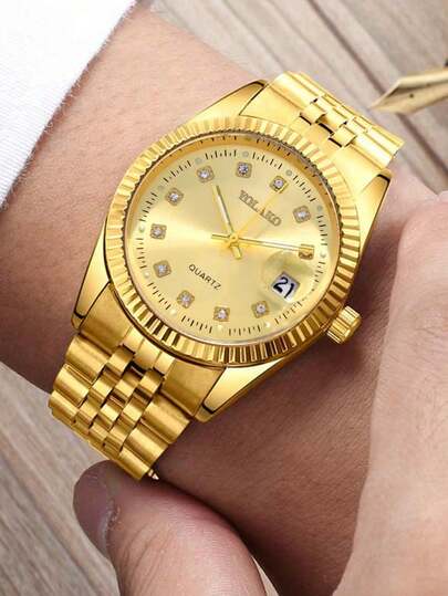 YOLAKO1 一款优雅简约的女士商务石英表，多功能设计，方形表盘搭配条形刻度和日期显示，合金表带，是送给女孩的最佳礼物，适合节日、生日、情侣以及日常佩戴。