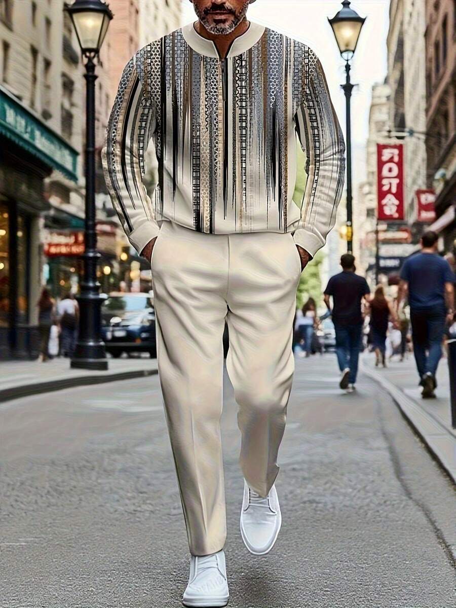 European And American Men's Sports Suit With Striped Half-Zip Top Made Of High-Quality Polyester Fabric, Wrinkle-Resistant And Easy To Care For, Suitable For Fitness And Outdoor Activities With A Sporty Casual Style.  Folk-Custom    Spring/Fall  Fall/Winter    Regular Fit    Drawstring  Zipper  Pocket    Christmas  Halloween - 米色 - 查看 1